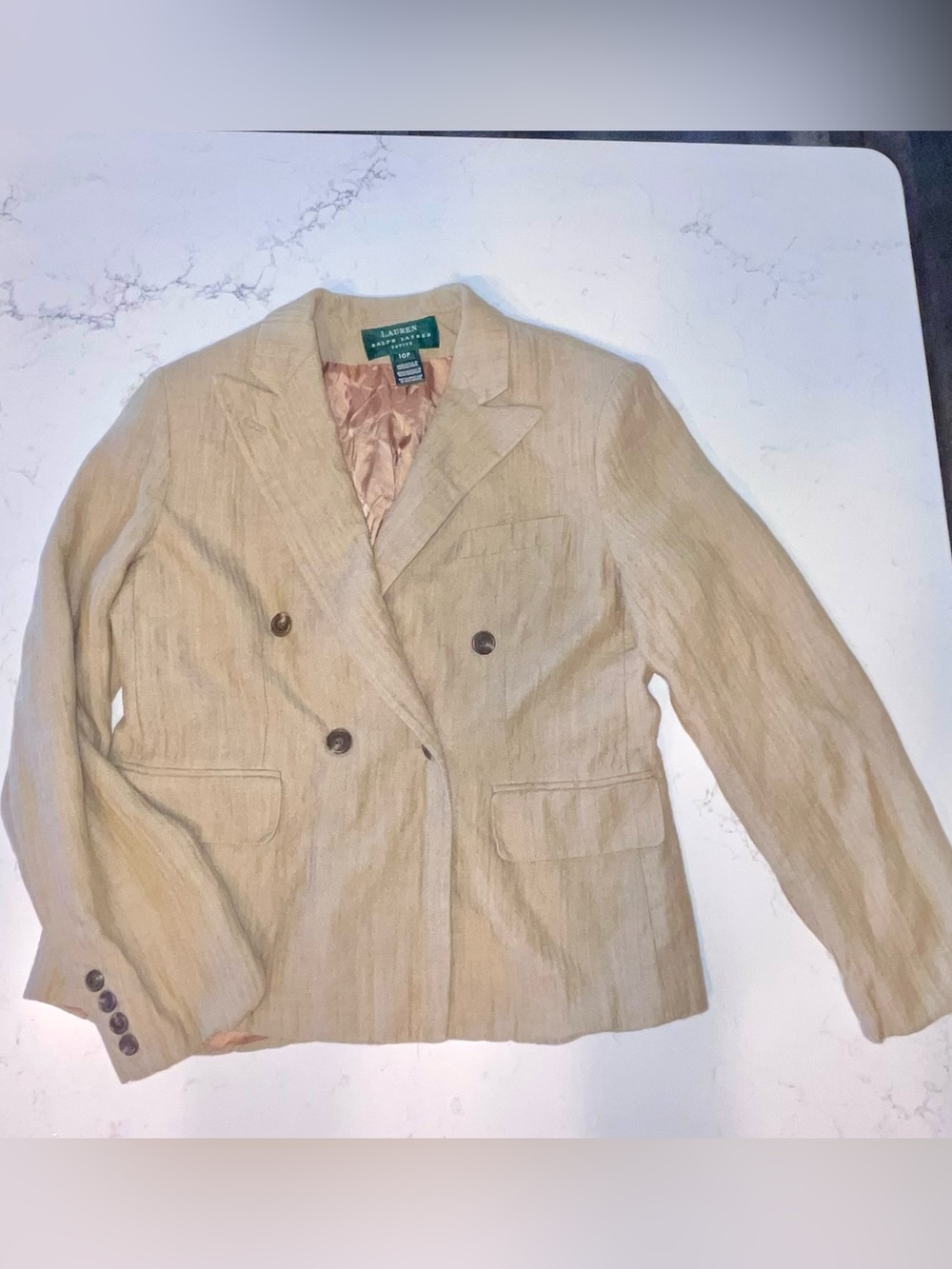 VTG Lauren Ralph Lauren Linen Silk Tweed Tan Blazer Petite Size 10P Medium USA